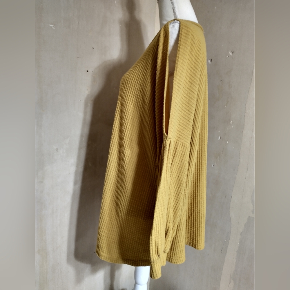 Mustard Yellow Waffle Knit Cold Shoulder Top - Picture 8 of 12